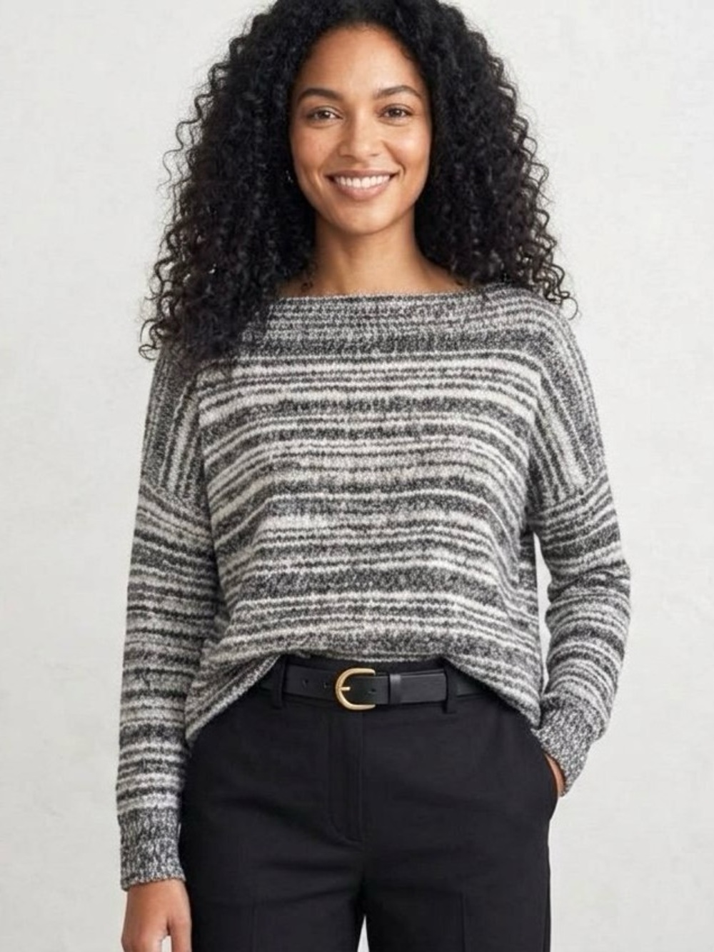 Madewell Thread-mix Striped Boatneck Sweater, Black/White Marled, Size XS
